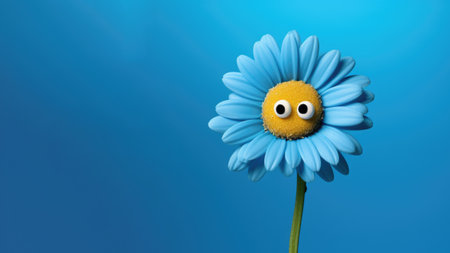 Blue daisy with googly eyes on blue background with copy space. Blue Monday.の素材