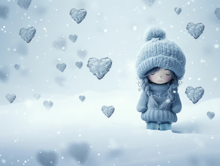 Blue Monday concept. Sad little girl in blue clothes surrounded by heart-shaped snowflakesの素材