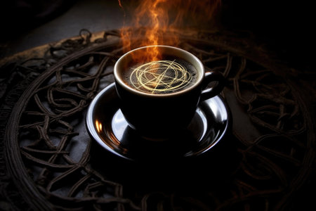 Steaming coffee cup with magical light patterns. Concept mystery suggests or magical morning ritualsの素材