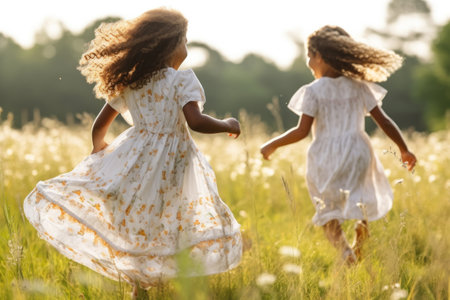 Two multiracial young girls in dresses, running through a sunlit meadowの素材