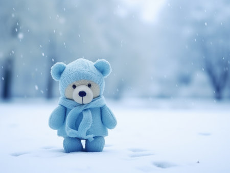 Bear toy dressed in blue, alone in a snowy landscape. Blue Monday conceptの素材