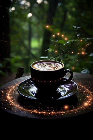 A cup of coffee with a galaxy-inspired latte art on a wooden table, surrounded by twinkling lights in a lush forest.の素材