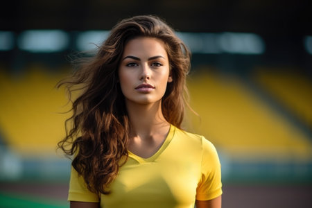 Woman in a yellow jersey at a stadium. The concept is athletic beauty and confidenceの素材