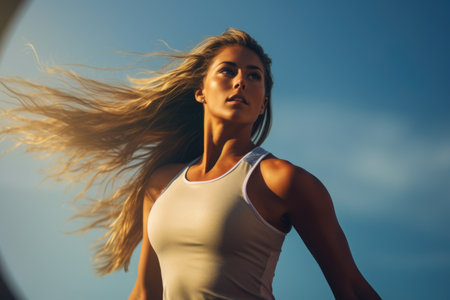 Dynamic portrait of a focused female athlete with flowing hair against a clear skyの素材