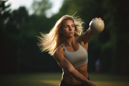 Athletic woman performing discus throw. The concept is strength and dedication in sportsの素材