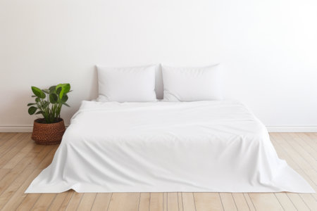 Crisp white bedding on a minimalist bed with a potted plant beside.の素材