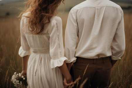 Back view of a couple holding hands in a fieldの素材