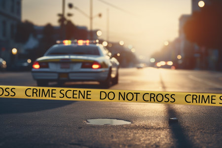 Yellow crime scene tape with police car behind. The concept implies law enforcement and public safety.の素材