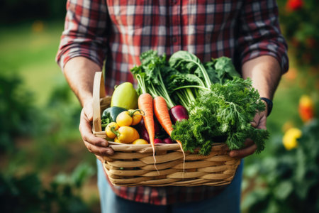 A farmer holds a basket of fresh vegetables. The concept is organic farmingの素材