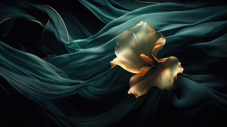 Golden flower on teal fabric waves. Elegance concept in abstract artの素材