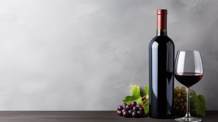 Wine bottle and glass with grapes on table. Symbolizes concept of vintage and tasteの素材