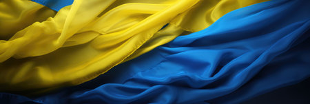 A satin Ukrainian flag in blue and yellow waves. The concept symbolizes national prideの素材