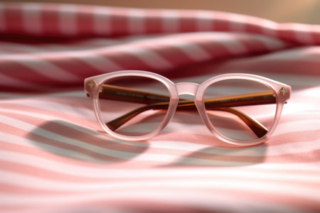 Stylish Pink Sunglasses on Striped Fabric.の素材