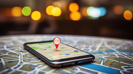 Smartphone displaying map with location pin. Concept of digital navigation and travelの素材