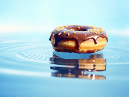 A chocolate glazed donut with sprinkles floats on clear blue water.の素材
