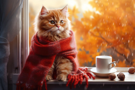 Kitten in scarf by rainy window. Concept of cozy autumn warmthの素材