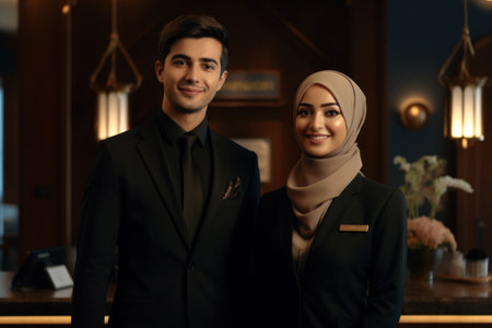 A confident male and a female hotel employee in uniforms, with the woman wearing a hijab, standing at the receptionの素材