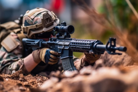Soldier in Camouflage Aiming Rifle.の素材