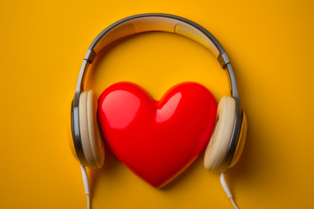 Red heart with headphones on yellow background. The concept suggests listening to one's heartの素材