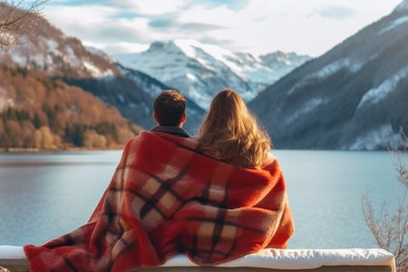 A couple wrapped in a blanket sits intimately, admiring the serene view of a mountain lakeの素材