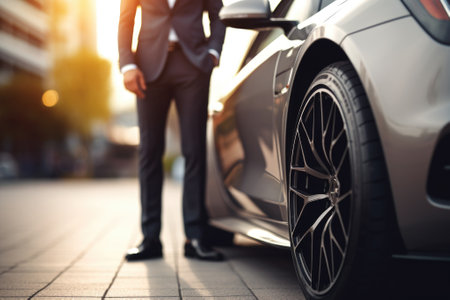 A successful businessman in a sleek suit stands beside a high-end luxury car on a city street at sunsetの素材
