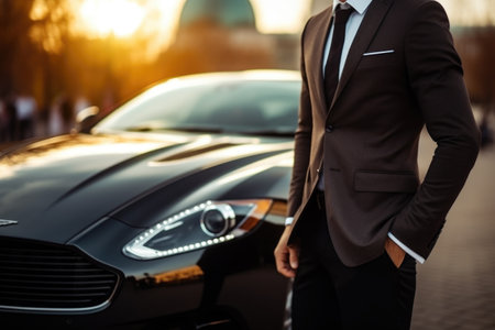 Businessman by luxury car. Success and luxury lifestyle conceptの素材