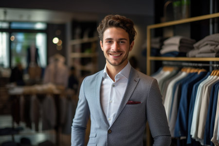 Smiling man in a clothing store. Embodies casual business style conceptの素材