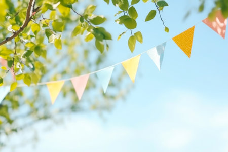 Colorful bunting among green leaves. Suggests outdoor celebration conceptの素材