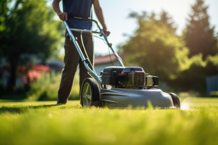Person mowing lush green lawn in bright sunlightの素材