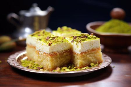 A traditional kunafa dessert topped with pistachios on an ornate plateの素材