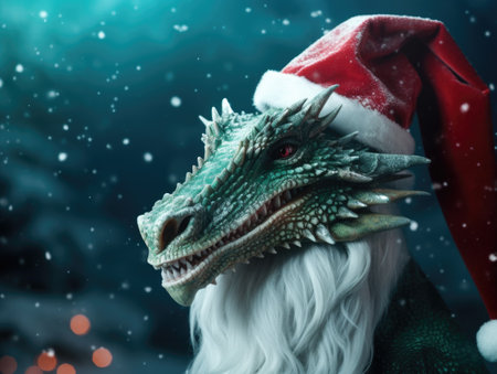 New Year's Chinese green dragon wearing a Santa hat. Symbol of 2024 year and Christmas.の素材