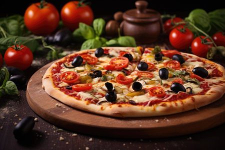 Fresh shawarma pizza with mozzarella, olives, and tomatoesの素材