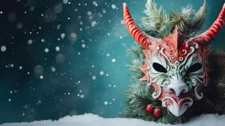 A decorative dragon mask nestled in frosty pine branches against a snowy backdropの素材