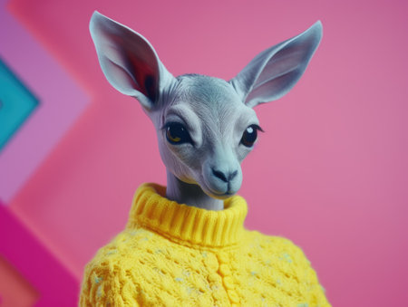 Kangaroo-like alien in a bright sweater. Whimsical fashion in a surreal worldの素材