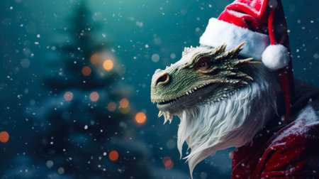 Green dragon dressed in Santa attire. Symbol of 2024 year.の素材