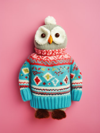 Owl plush toy in sweater on pink background.の素材