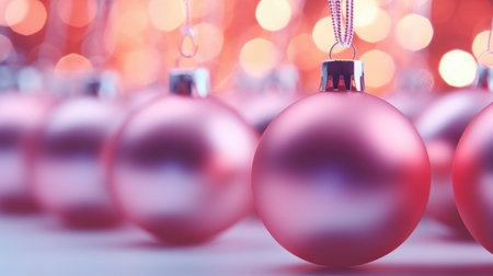 Pink Christmas baubles aligned beautifully against a backdrop of festive warm lightsの素材