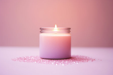 Lit candle on pink background, glitters aroundの素材
