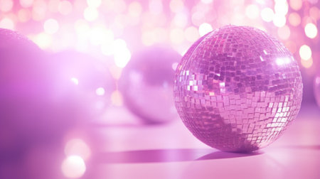 A sparkling pink disco ball glimmers against a backdrop of soft bokeh lights, evoking a festive party atmosphereの素材