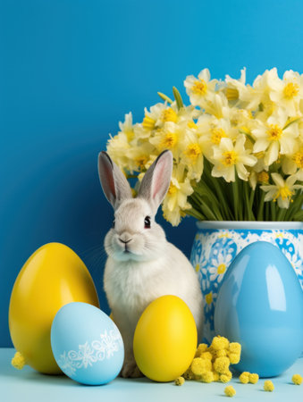 Bunny with eggs and daffodils on blue. The concept celebrates Easter joyの素材