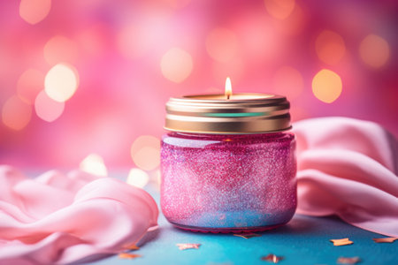 A lit candle in a glittering pink jar on a soft fabric surface with a dreamy backdropの素材