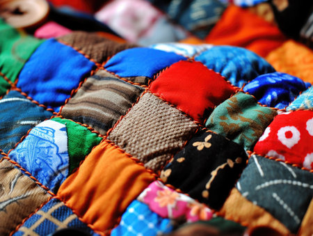 Detail of a patchwork quilt with a pattern of different colors.の素材
