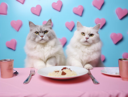 Two cats at a table with hearts in the background. The concept is a whimsical pet love dinnerの素材