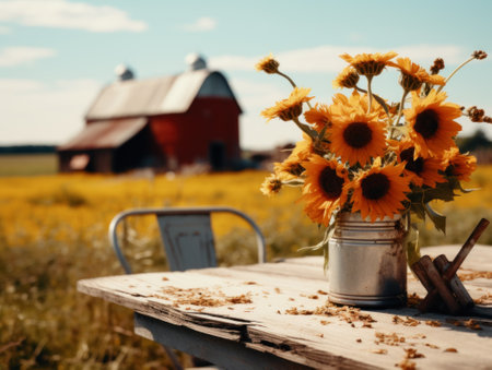 Sunflowers in a tin on a rustic outdoor table. The concept is rural beauty and simplicityの素材