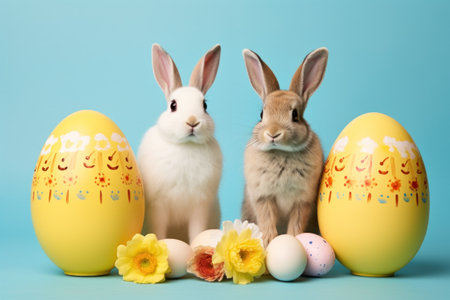 Cute bunnies and easter eggs on blue backgroundの素材