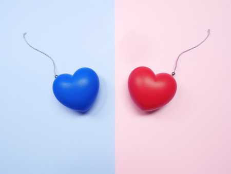 Two hearts on a blue and pink background. Valentines Day conceptの素材