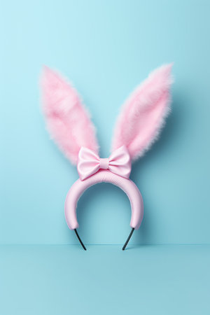 Pink bunny ears on blue background. Concept: Easter celebration accessoryの素材