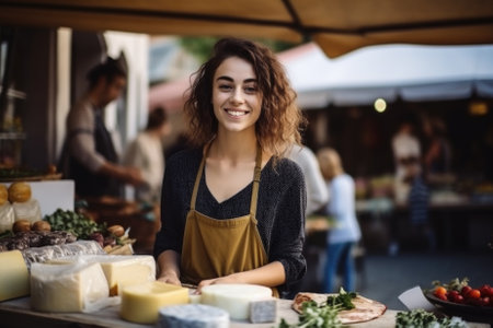 Cheerful vendor sells cheese at market. Concept: joyful entrepreneurshipの素材