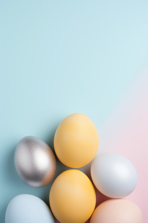 Pastel Easter eggs on a gradient background with copy spaceの素材