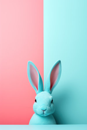 Blue rabbit on split pink and blue backgroundの素材
